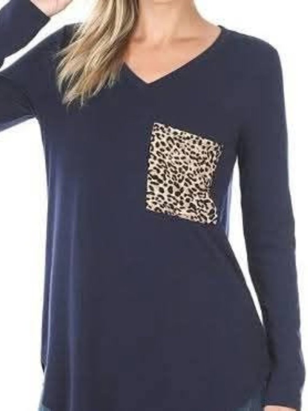 Navy Blue Top with Leopard Poclet